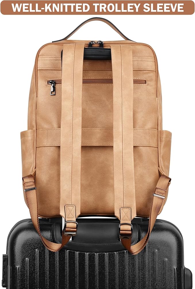 MASINTOR 15.6 inch PU Leather Laptop Backpack Purse for Women, Large College Casual Backpack Travel Bag Retro Camel