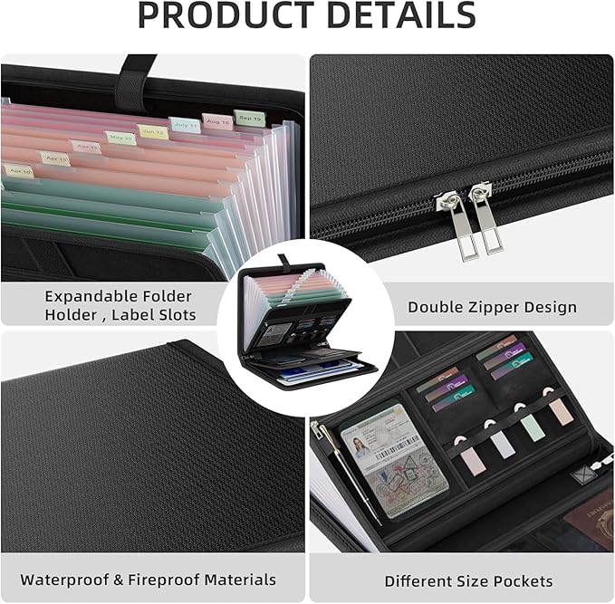 Fireproof Accordion File Organizer, Portable Expanding File Folder with Waterproof Zipper&Labels, Jet Black Document Organizer with 13 Pockets, File Organizer for Important Document/Paper Storage