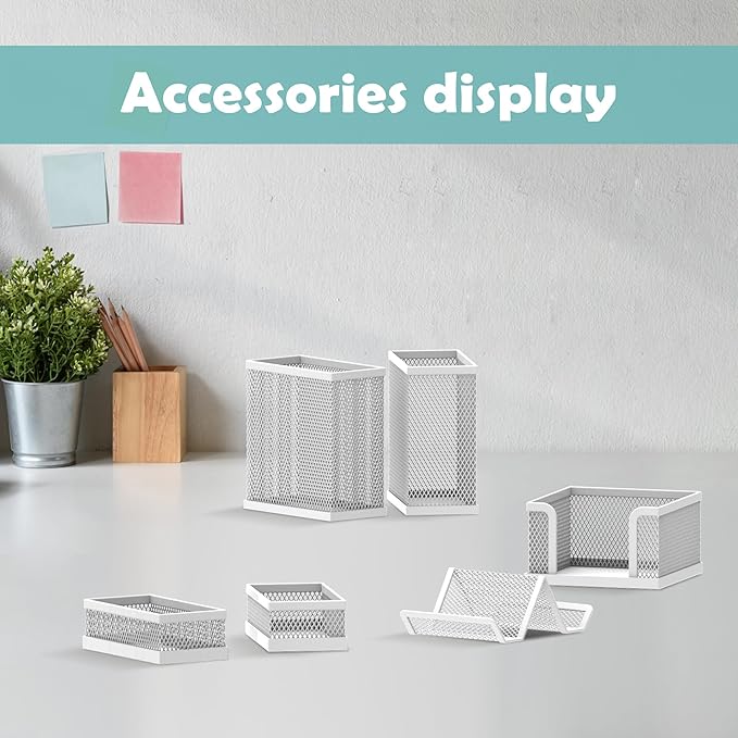 SUPEASY Pen Holder for Desk, 6 Piece Mesh Desk Organizer set, Desk Accessories for Office Organization with Mail Organizer, Letter Phone Holder, Sticky Notes Caddy Storage, White