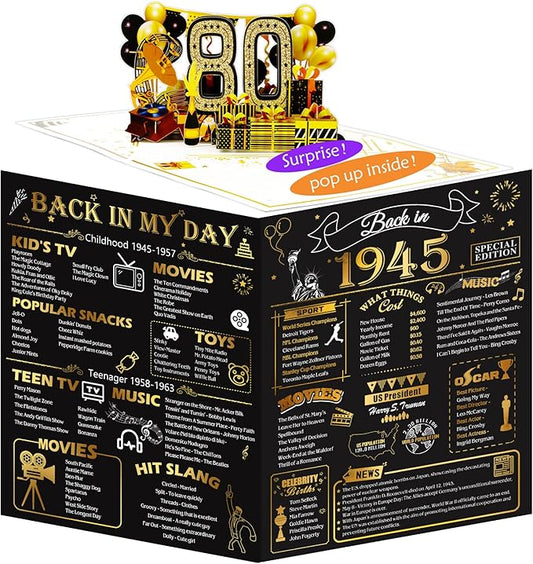 80th Birthday Card for Men Women, Funny 3D Pop Up 80th Birthday Gifts for Grandma Mom Dad, Back In 1945 Happy 80 Year Old Birthday Decorations Cards for Her Him
