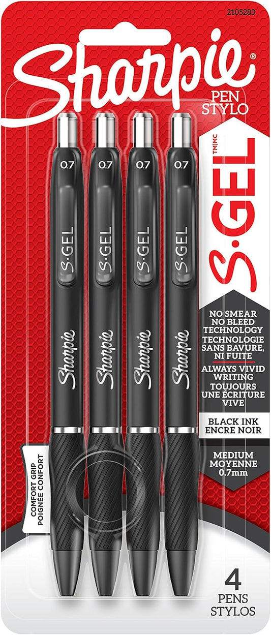 Sharpie S-Gel, Gel Pens, Drawing Pens, Gel Ink Pens For Journaling, Writing Pens, Coloring Pens, Medium Point Pens (0.7Mm), Black Ink Gel Pen, 4 Count