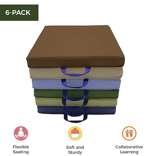 Factory Direct Partners SoftScape 15 inch Square Classroom Floor Cushions with Handles; Flexible Seating for Daycare, Preschool, Playroom; 2 inch Thick Deluxe Foam (6-Piece) - Earthtone, 12228-ET