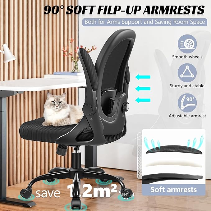 Office Chair Ergonomic Desk Chair with Adjustable 3D Lumbar Support and Height, Comfy Mesh Computer Chair with Flip-up Armrests, Swivel Rolling Task Chair with Wheels for Home Office (Black)
