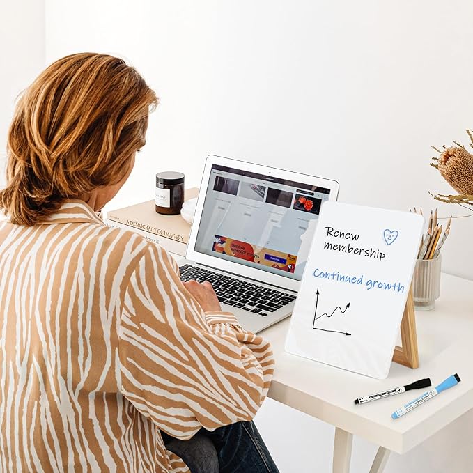WALGLASS Desktop Glass White Board 9.5"x 6.7" with Reversible Wood Stand, Small Dry Erase Board, Portable Whiteboard for Desk, Reusable Desk Notepad with 2 Markers&Eraser for Home, Office
