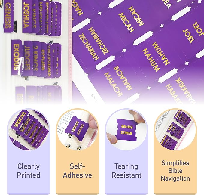 Bible Tabs for Study Bible, New & Old Testament Tabs Matte Laminated Bible Book Tabs Bible Journaling Supplies for Women(Large Print, Easy to Read) (Purple-1)