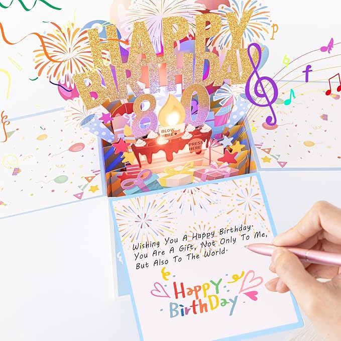 Tnvee 80TH Birthday Cards with Lights & Music & Candle, 3D Large Pop Up Happy Birthday Cards for Women Man Greeting Cards Decorations for 80 Years Old Mom Dad Grandparents
