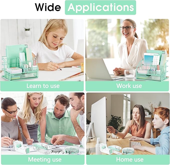 Green Desk Accessories, Office Desk Organizers and Accessories Supplies with Mesh Desk Organizer, Tape Dispenser, Stapler, Staples, Ballpoint Pen, Clips Set, Ruler, Scissor, Sticky Tabs