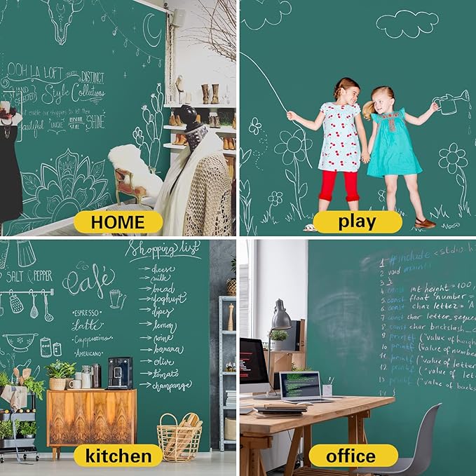 Chalkboard Wallpaper Stick and Peel: Green Contact Paper Classroom Chalkboard Stickers Chalk Board Paint Self Adhesive Wall Paper with 8 Colorful Chalks (35.4 X 78.7 Inches)