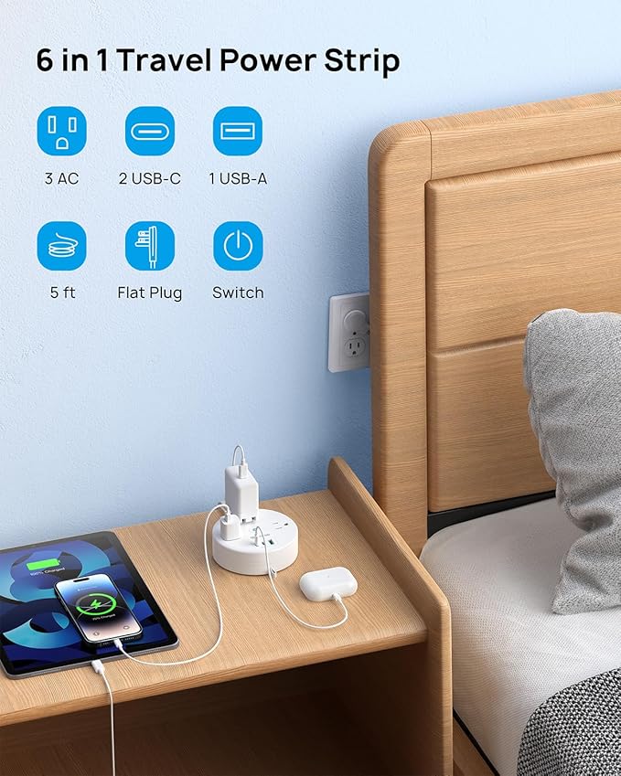 TROND 20W USB C Travel Power Strip - Retractable Extension Cord 5ft Ultra Thin Flat Plug, Power Strip with 3 AC Outlets and USB C Fast Charging, Cruise Ship Essentials, for Home Hotel Dorm Room, White