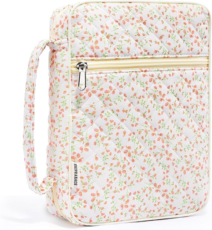 shirabags Quilted Bible Cover Case for Women - Elegant Cotton Bible Bag for Study, Church, Christian Gifts for Women (Pink Floral, M)