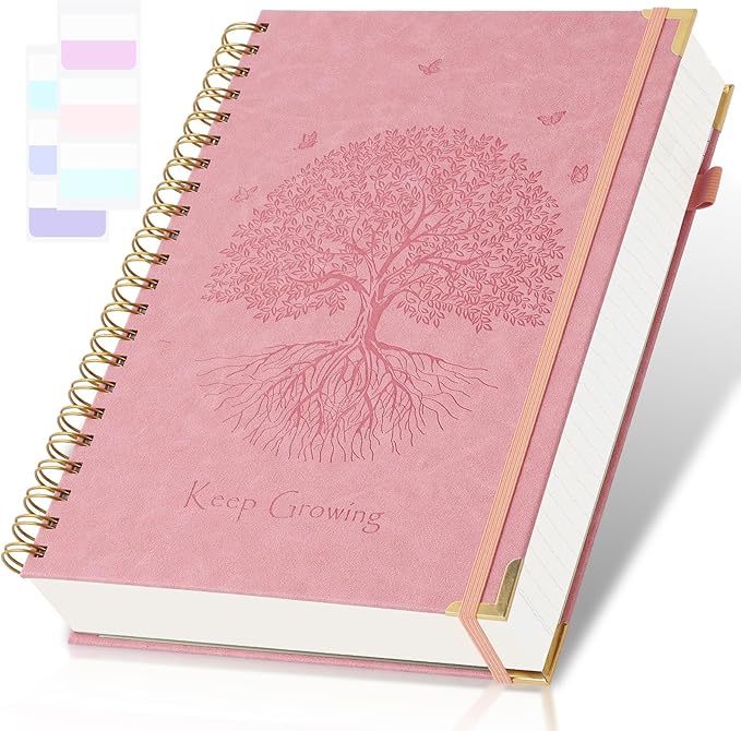Spiral Notebook, College Ruled Notebook, 8" x 10", 300 Pages Leather Journals for Writing, B5 Hardcover Journaling Notebooks for Work School, 24pcs Tabs, Large Embossed Journal for Women Men, Pink