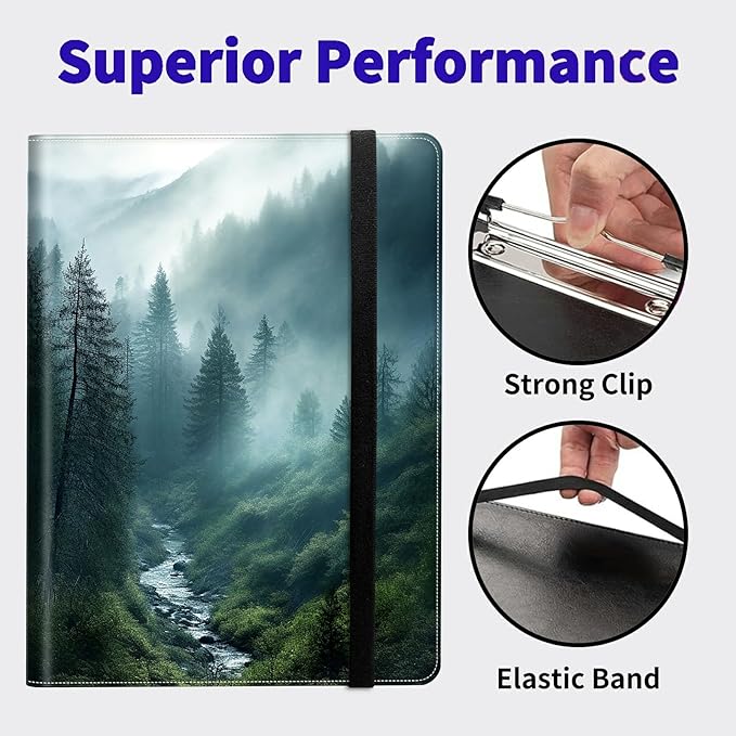 Forest in Rain PU Leather Padfolio Clipboard Notepad with Pen Loop and Elastic Strap Interview/Resume Document Organizer for Business School Office