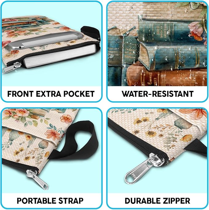 Book Cover Bag with Zipper and Front Pocket. Book Sleeve Gift for Book Lovers and Librarians. Washable Fabric 11 X 8.5 Inch Padded Protector Pouch for Paperbacks. Watercolor Art