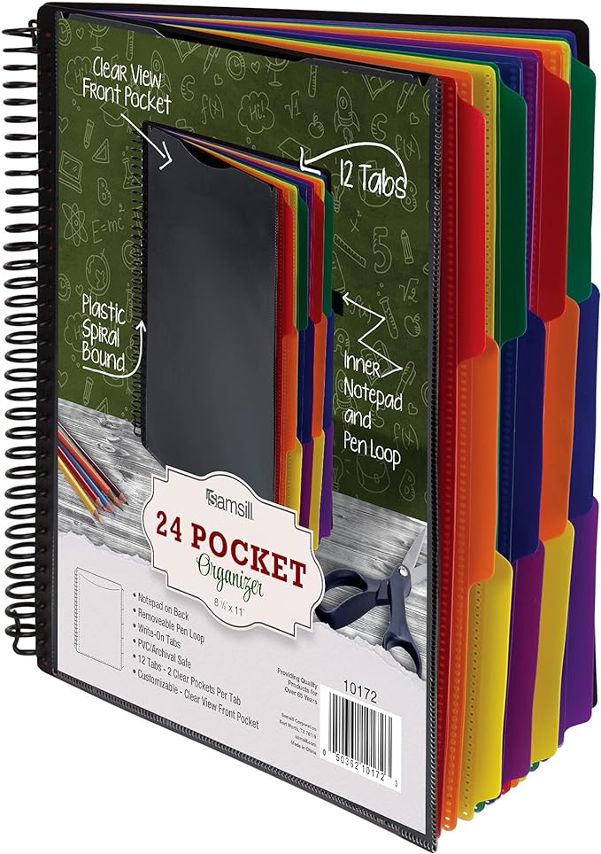 Samsill Deluxe 24 Pocket Spiral Project Organizer with Refillable Notepad Holder, Customizable Front Cover, 12 Dividers with Erasable Write-On Tabs in Assorted Colors, Plastic Folders with Pockets