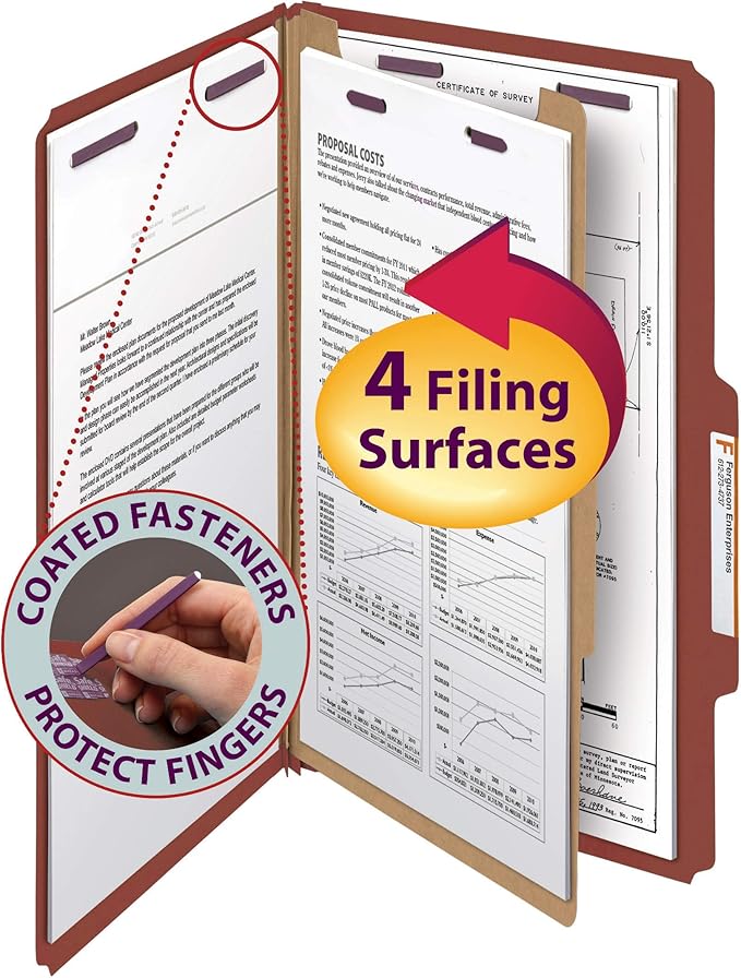 Smead Pressboard Classification File Folder with SafeSHIELD Fasteners, 1 Divider, 2" Expansion, Legal Size, Red, 10 per Box (18775)