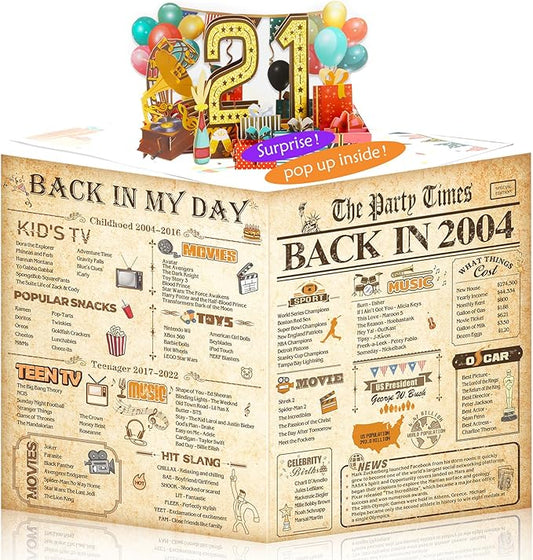 21st Birthday Card for Girls Boys, 3D Pop Up 21st Birthday Gifts Cards, Happy 21 Birthdays Decorations for 21 Year Old Son Daughter, Funny Back In 2004, Classy Vintage