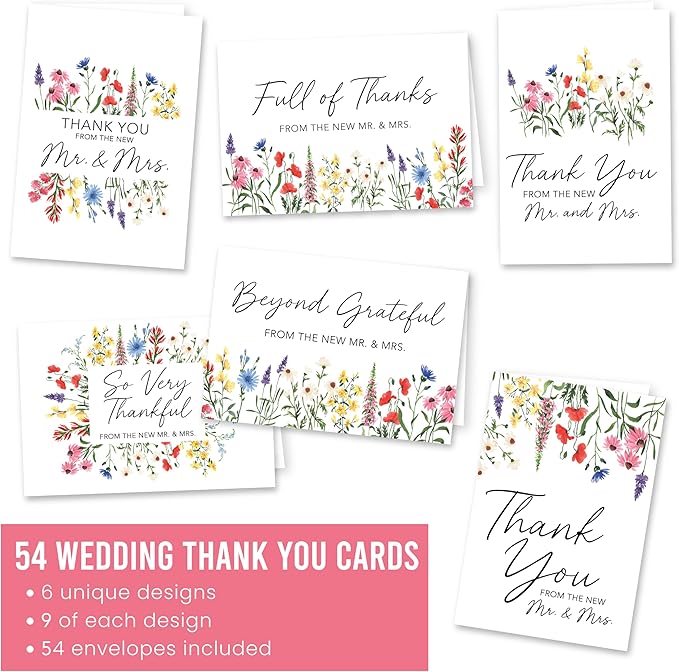 54 Wildflower Wedding Thank You Cards with Envelopes Wedding - Bulk Thank You Cards Wedding with Envelopes, Elegant Thank You Wedding Cards with Envelopes, Wedding Thank You Notes Wedding Cards Bulk