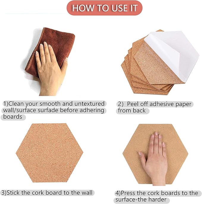 SUNGIFT Hexagon Cork Board Tiles Self Adhesive 6 Pack - 1/2" Thick Corkboards for Wall 12" x 10.2" Memo Boards Pin Board Decorative Bulletin Board for Office Home Kitchen - 50 Multi-Color Push Pins