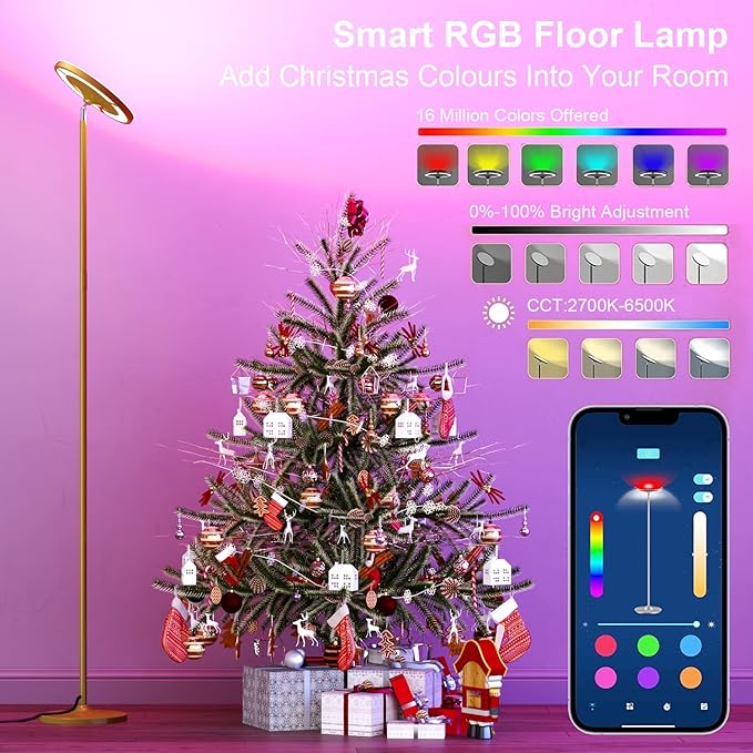 Keepsmile Gold Double Side Lighting LED Floor Lamp with Remote Smart App 36W 2600LM Bright Tall Standing RGB Floor Lamp Angle Multicolor Dimmable Modern Floor Lamps for Living Room Bedroom