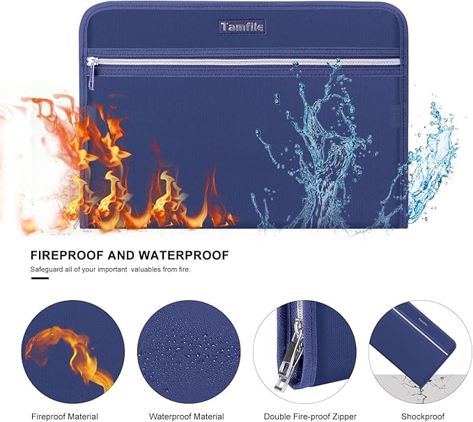 Fireproof Safe Accordion File Organizer Bag Folder,Waterproof Expanding Filing Folder with 14 Pockets, A4 Letter Size, Document Organizer Holder and Color Labels /2 Zipper, Navy Blue 14.3" x 9.8"