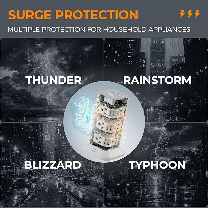 Surge Protector Power Strip Tower, TESSAN 15 ft Flat Extension Cord Surge Protection 900J with 12 AC Outlets and 3 USB (1 USB C), Multiple Charging Station for Office Supplies, Dorm Room, Home, White