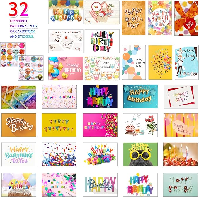 Joyberg 32 PCS Happy Birthday Cards Bulk with Envelopes, 4x6 Assorted Birthday Cards