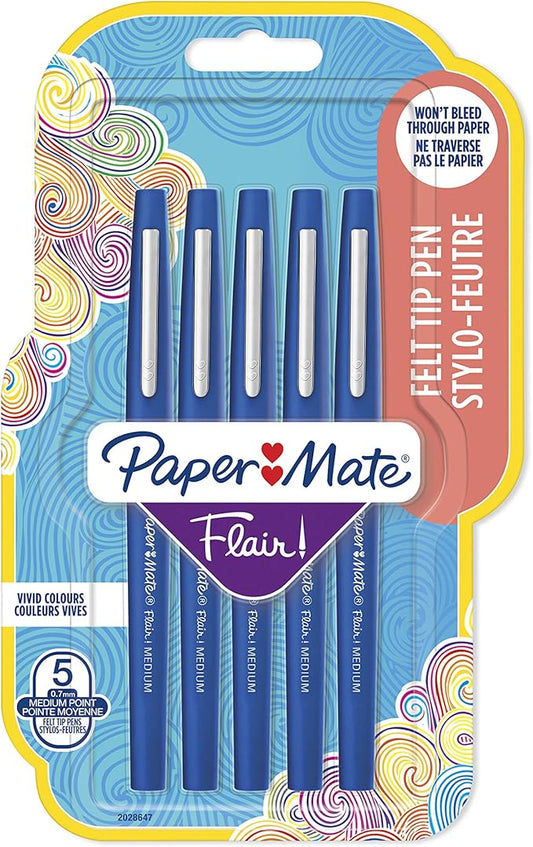 Paper Mate Flair Original Fibre-Tip Pen Blue - Pack of 5