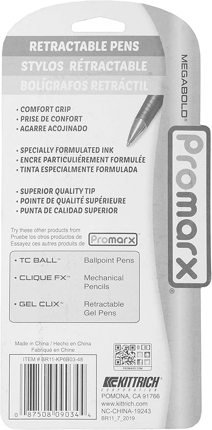 Promarx Megabold Retractable Ballpoint Pens with Comfort Grip, 1.6 mm, Black, 3 Count