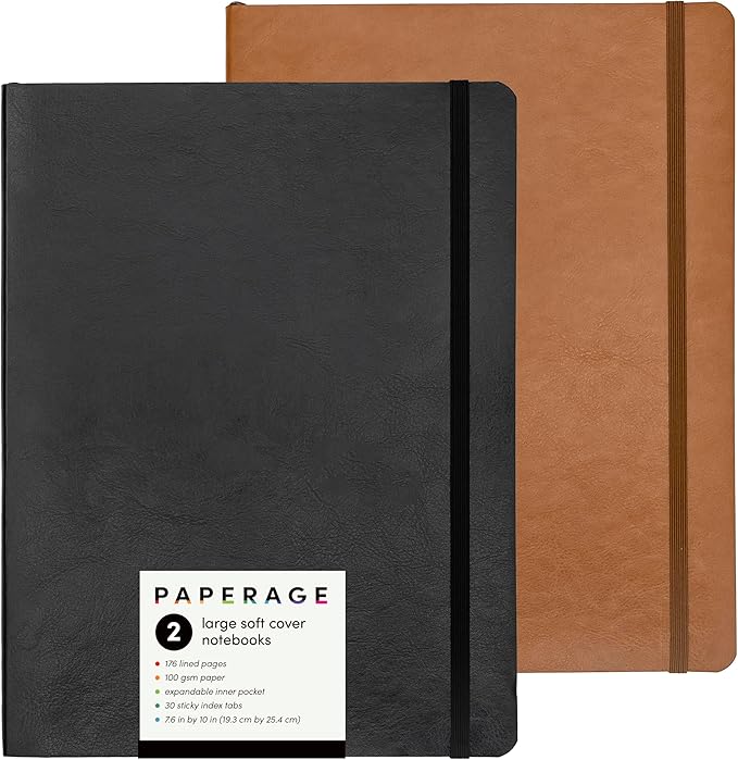 PAPERAGE 2-Pack Softcover Lined Journal Notebook (Black & Cognac), 176 Pages, Large B5 College Ruled Notebook, 7.6 inches x 10 inches - 100 GSM Thick Premium Paper, Soft Vegan Leather Journal for Home, Work & School