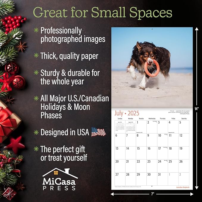 MICASA Australian Shepherds Mini 2025 Wall Calendar 12 Month | 7" x 14" Open | Thick & Sturdy Paper | Giftable | Calendar 2025