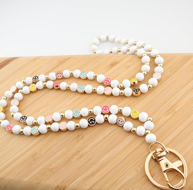 Smile Teacher Lanyard for Women ID Badges and Keychain Cute Happy Wood and Metal Beaded Lanyard Badge Holder