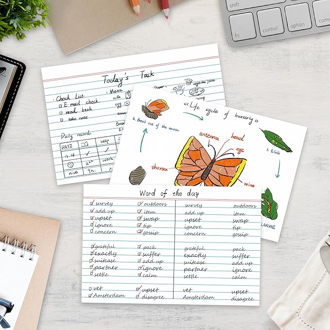 Chell Ruled Index Cards 4x6 Inch Heavyweight, 100 Count, Ruled Front and Blank Back, 65 lb. Cover Weight, White