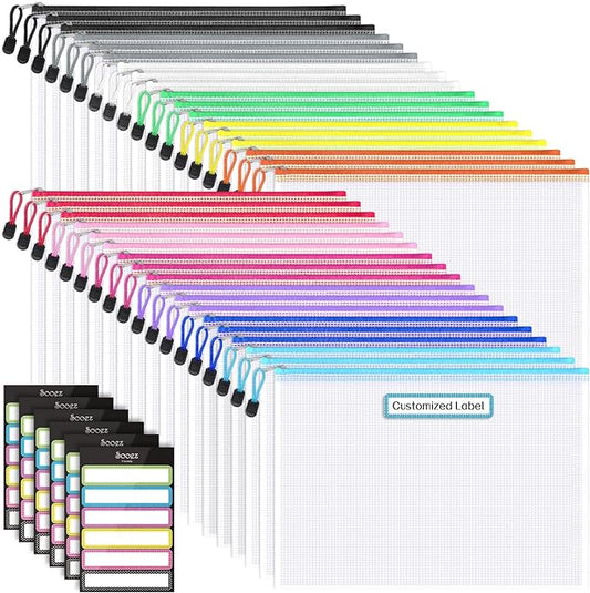 Sooez 36 Pack Mesh Zipper Pouch with Sticky Labels, A4 Size Mesh Bags for Board Game & Puzzles Organizing Storage, Durable Letter Size File Bags for Office Classroom Organization, 12 Assorted Colors