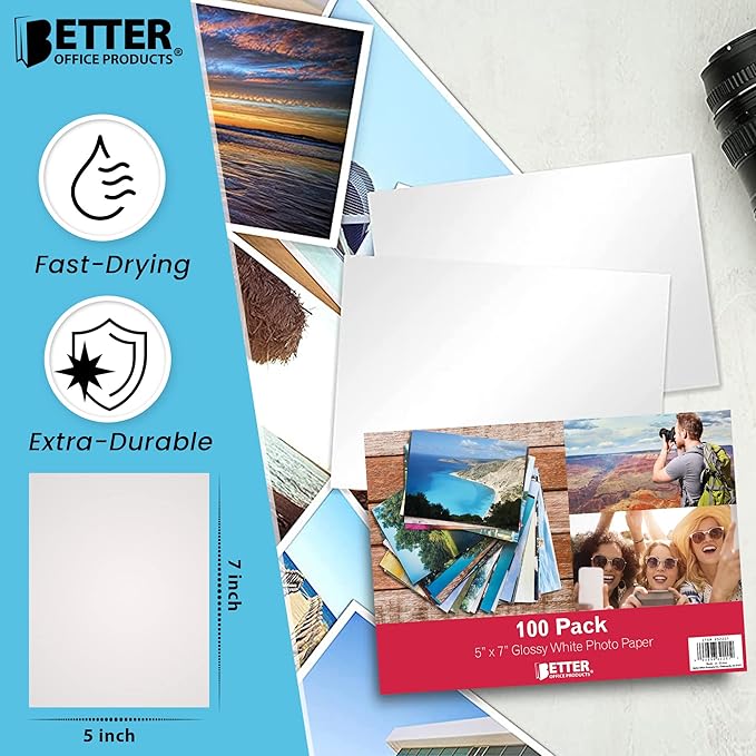 Better Office Products Premium Glossy Photo Paper, 5 x 7 inch, 100 Sheets, 200gsm, 5 x 7, 100-Count Pack