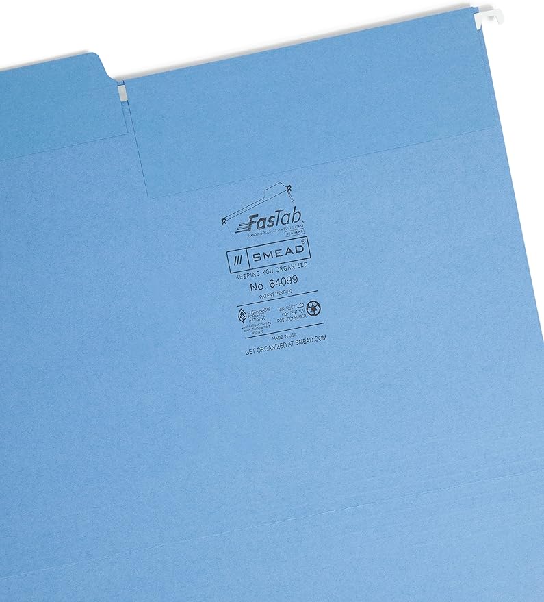 Smead FasTab Hanging File Folder, 1/3-Cut Built-in Tab, Letter Size, Blue(64099), (Pack of 10, 200 Count Total)