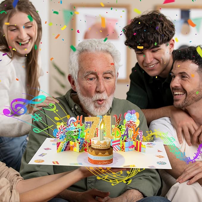 Gumry 71ST Musical Birthday PopUp Card, Blowable Colorful Light Candle 3D Cards with Song, Applause Cheers Sound, Greeting Cards Birthday Gifts Decorations for Women Men Turning 71 Years Old