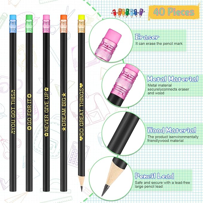 Eersida 40 Pcs Color Changing Mood Pencil with Motivational Sayings, 2B, Fun Assorted Thermochromic Pencils with Eraser(Bright Color,Positive)