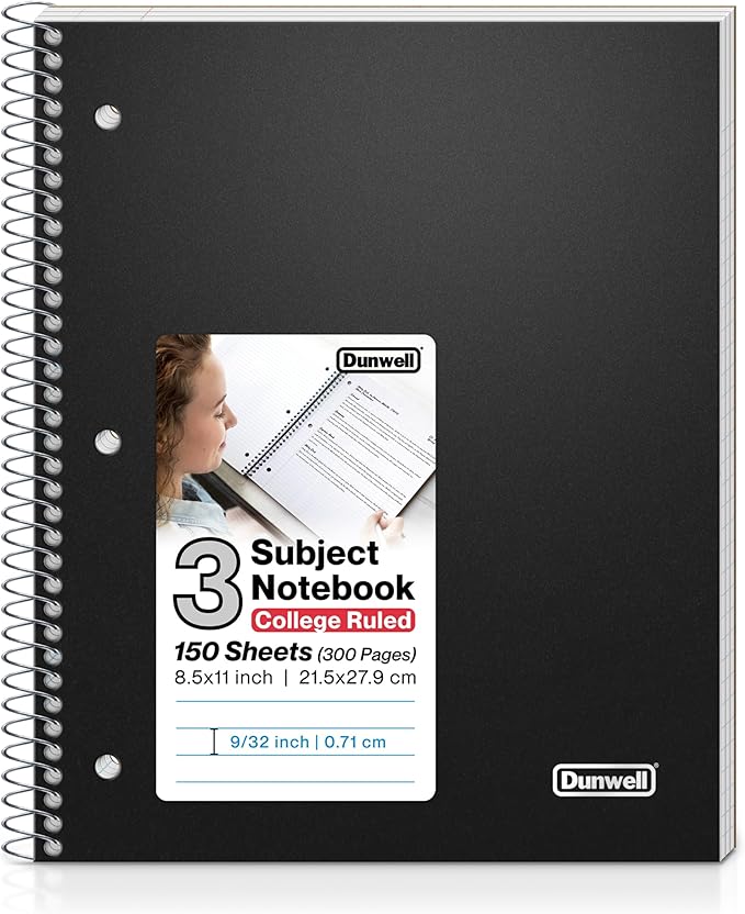 Dunwell 3-Subject Notebook College Ruled (Black), Spiral Notebook 8.5 x 11, Plastic Cover, 3 Pocket Dividers, 150 Sheets (300 Pages), 3-Hole Punched Perforated 8 1/2 x 11 Paper