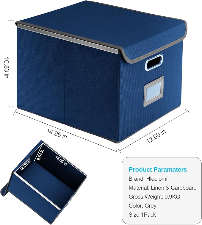 File Organizer Box with Lid, Collapsible File Folder with Plastic Slide for Office/Decor/Home, Hanging Office Document Storage, 14.9 6x 12.6 x 10.83 inch，1 pack - without folders,Blue