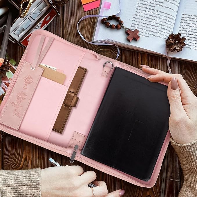 Bible Covers for Women, Leather Bible Study Case with Bookmark for Girls, Bible Supplies Carrying Bag Tote with Strap,Personalized Book Organizer Bag for Journaling Bible-Pink