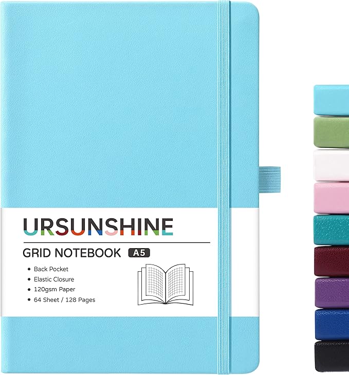 Graph Grid Paper Notebook/Journal - Classic Journal/Notebook with Ribbon Divider, Hardcover with Thick Paper, 5.3" x 8.26", Banded + Pen Holder +Inner Pocket - Light Blue