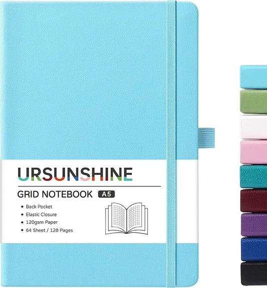 Graph Grid Paper Notebook/Journal - Classic Journal/Notebook with Ribbon Divider, Hardcover with Thick Paper, 5.3" x 8.26", Banded + Pen Holder +Inner Pocket - Light Blue