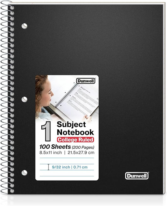 Dunwell College Ruled Spiral Notebook (Black), 1 Subject Notebook 8.5 x 11 for School, Plastic Cover, Pocket Divider, 100 Sheets (200 Pages), 3-Hole Punched Perforated 8 1/2 x 11 Paper