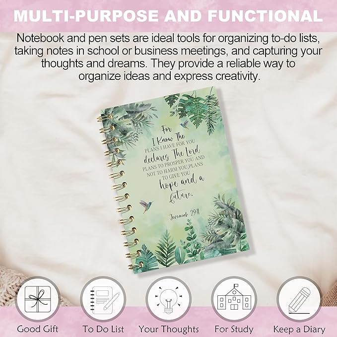 Christian Bible Journals for Women, Prayer Journal for Women, for I Know the Plans I Have for You, Bible Notebooks for Note Taking, Green Tropical Leaves Hardcover Spiral Notebook 5.5x8.3