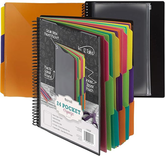 Samsill Deluxe 24 Pocket Spiral Project Organizer with Inner Zipper Pouch, Customizable Front Cover, 12 Dividers with Erasable Write-On Tabs in Fashion Colors, Plastic Folders with Pockets