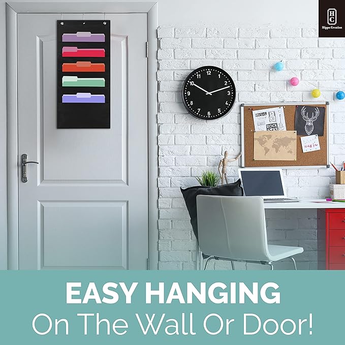 Hippo Creation Heavy Duty Storage Pocket Chart for Classroom, 5 Pocket Storage Organizer with 2 Over-Door Hangers, Hanging Wall Organizer for File Folders, School Mailbox, Home Office Papers - Black