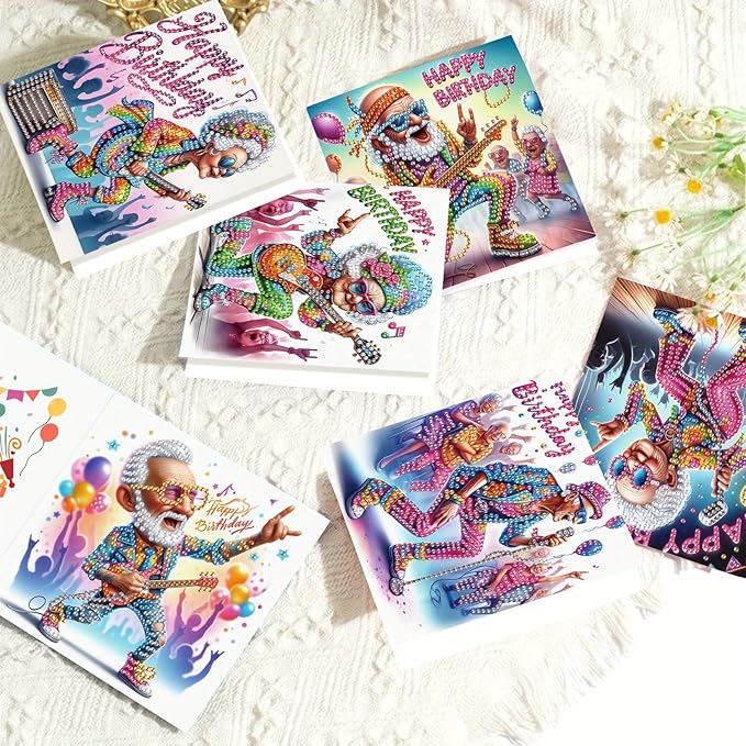 6 Pieces Diamond Art Painted Greeting Cards, Trendy Music Elderly 5D DIY Special Shape Diamond Card Creative Gifts, Christmas Thanksgiving Greeting Cards Congratulation