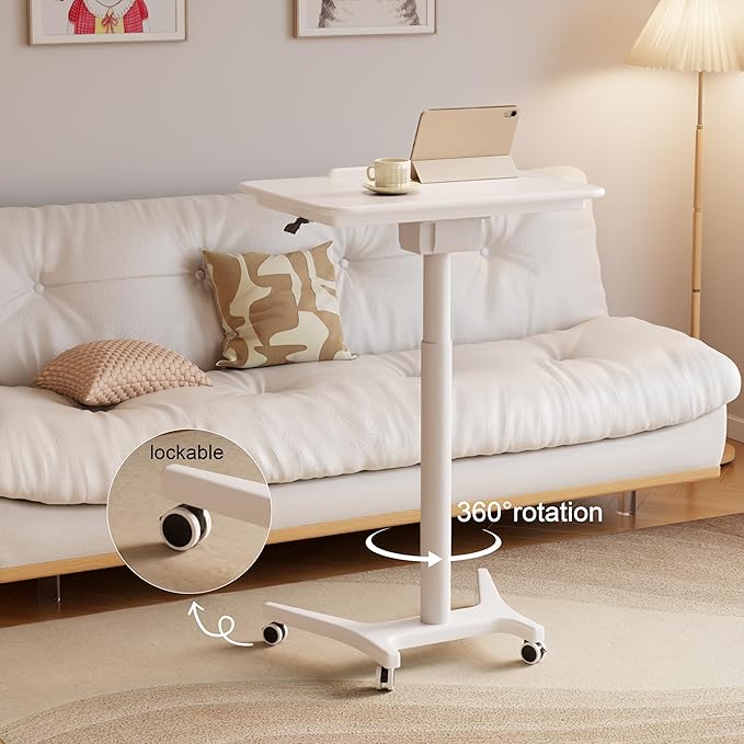Rolling Standing Desk,Portable Standing Desk with Wheels Adjustable Height Desk Mobile Standing Desk for Home Office, Bedroom,Couch（White）