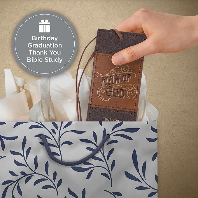 Christian Art Gifts Premium Inspirational Scripture Vegan Leather Bookmark for Men: Man of God Encouraging Bible Verse, Knotted Cord, Gold Text, Sturdy Slim Book Reading Accessory, Light & Dark Brown