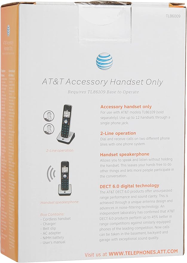 AT&T TL86009 Accessory Cordless Handset, Black/Silver | Requires an AT&T TL86109 Expandable Phone System to Operate